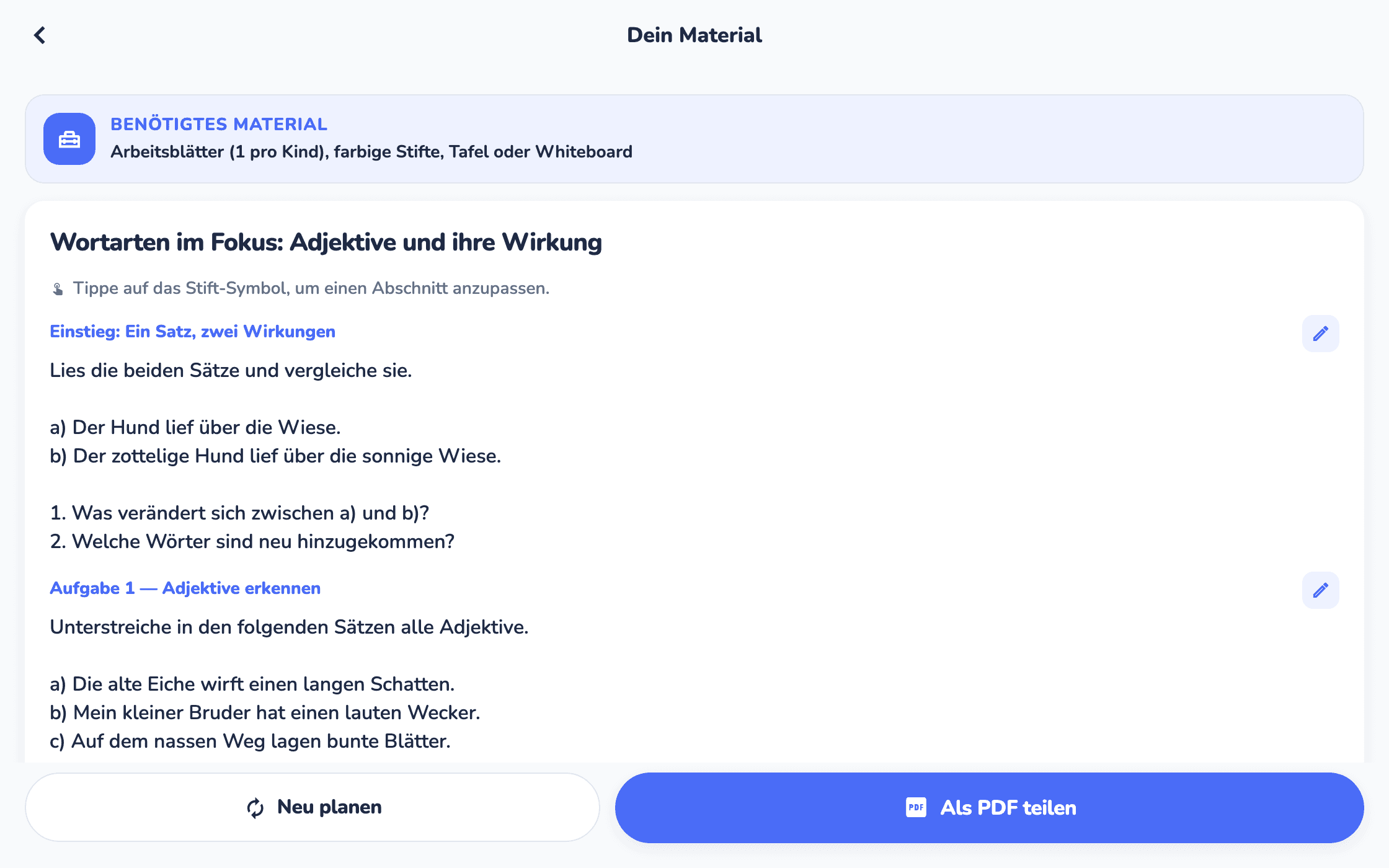 teachify — Ergebnis: fertiges Arbeitsblatt mit Lösungsteil